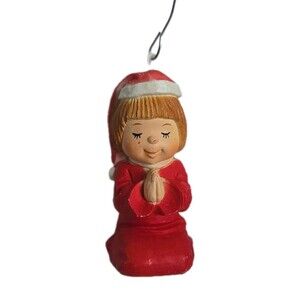 Adorable Vintage Christmas Ornament Praying Little Girl Holiday 2.5" Santa Hat